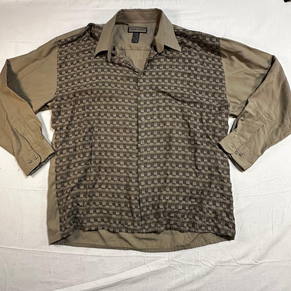 Vintage 90s‎ 00s Mens XL Khaki Geometric Long Sleeve Button Up Shirt